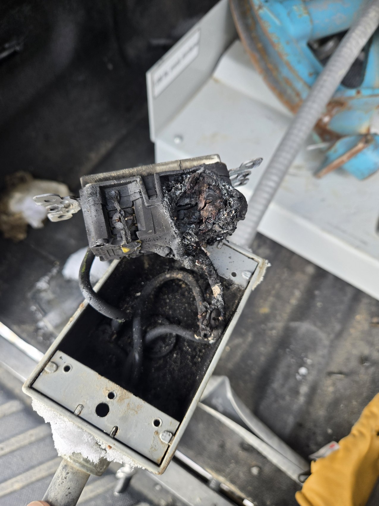 Burnt receptacle removed from service by Hi-Energy Electrical Services