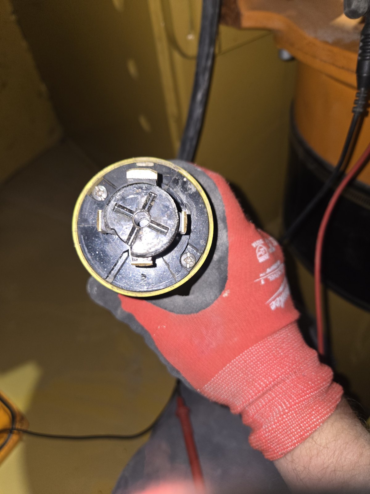 Twist-lock receptacle removed for replacement by Hi-Energy Electrical Services